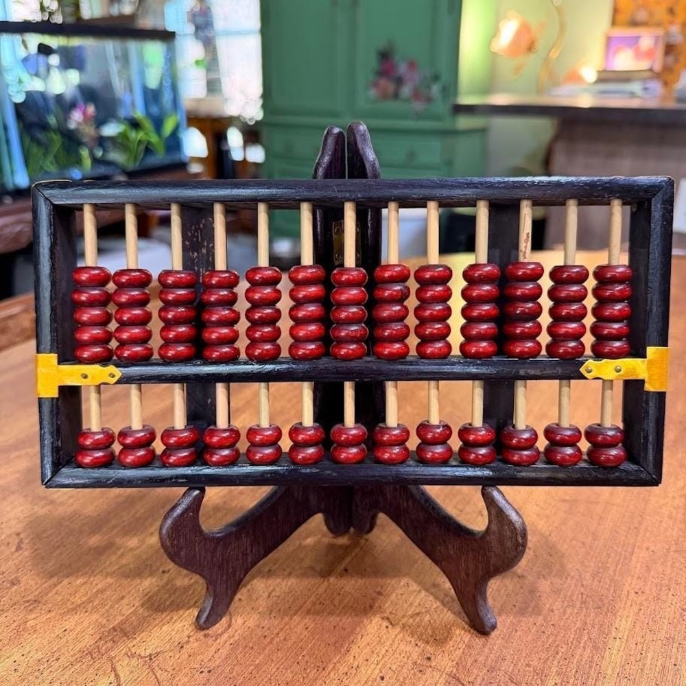 Vintage Chinese Wooden Abacus 13 Column Suanpan Red Beads Black Frame 10.5in - Picture 6 of 12